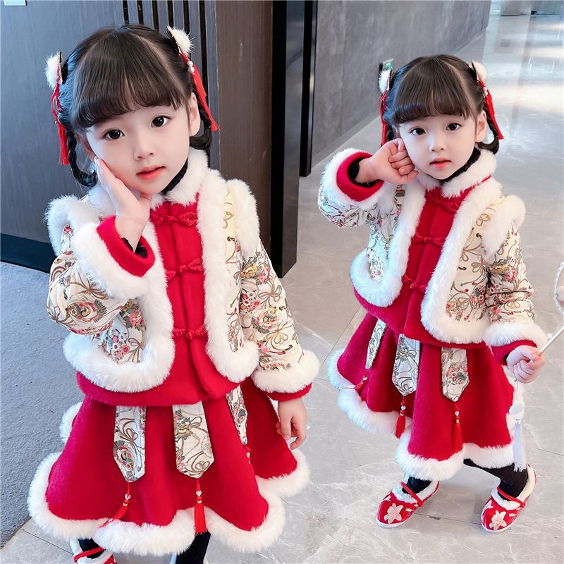 儿童拜年服女童汉服秋冬款小女孩过年服女宝宝新年衣服喜庆服公主