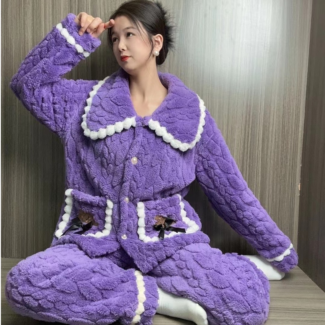 1【蜜桃粉口袋小熊可外穿珊瑚绒北极绒女家居服睡衣睡衣套装女款