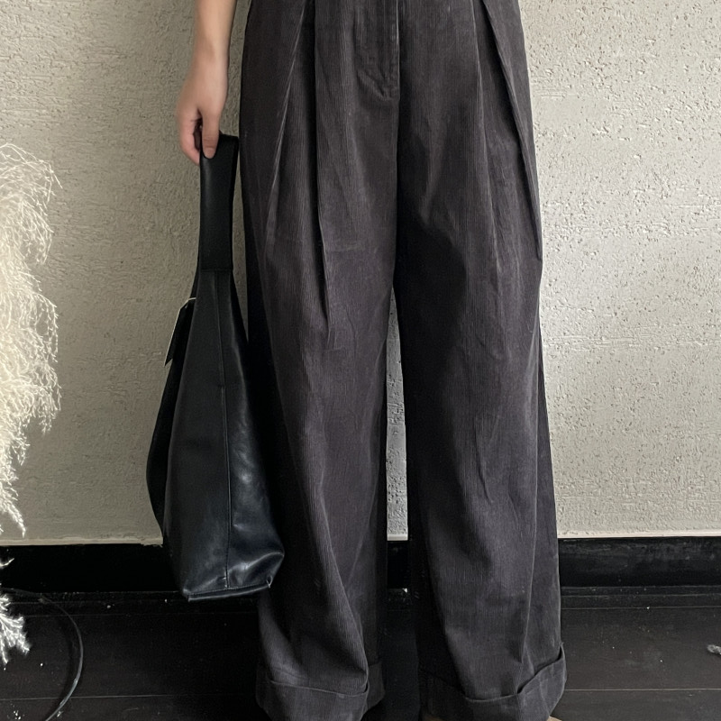 【 雨•美 推荐 】33037灰色灯芯绒高腰宽边阔腿裤