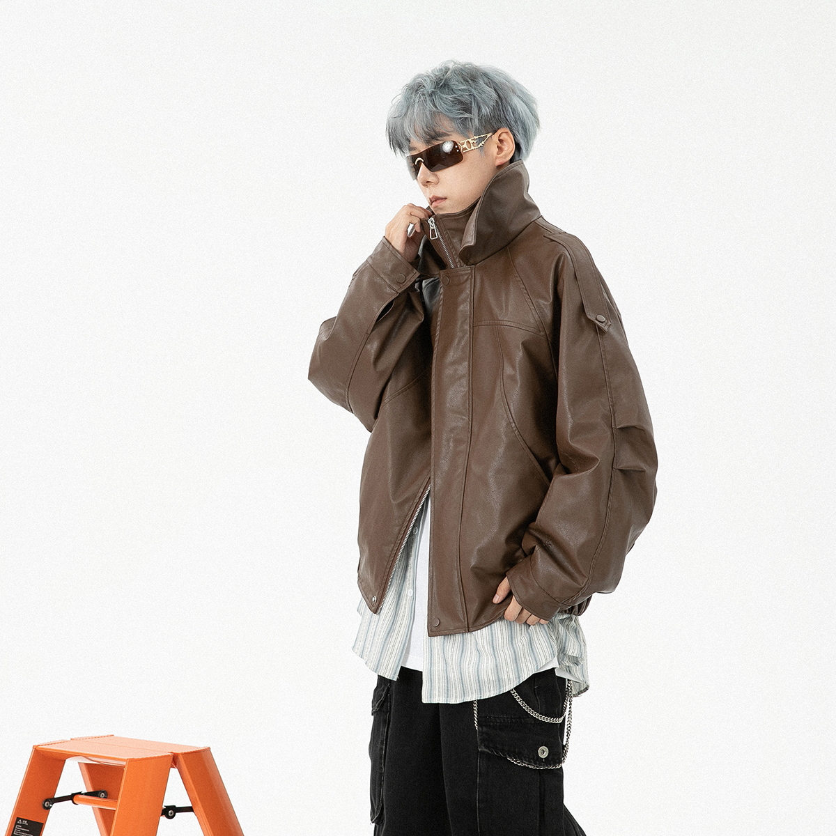 jaaniste双层领蝙蝠袖皮衣外套男宽松短款休闲百搭夹克男女同款