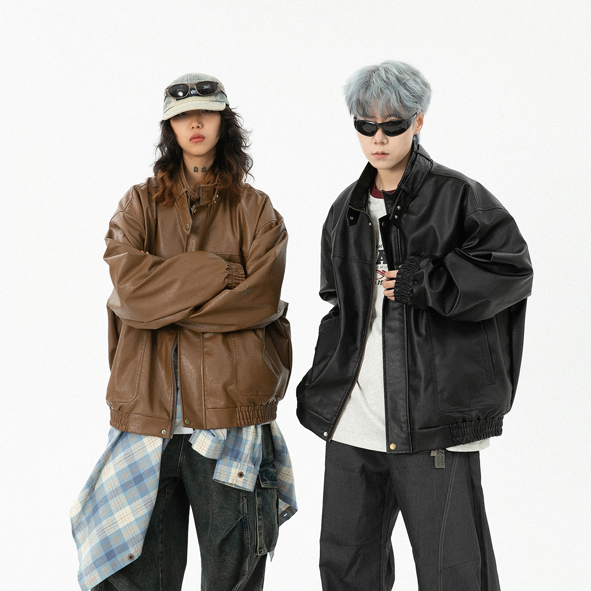 jaaniste挡风条铜扣皮外套男美式百搭休闲宽松立领夹克男女同款