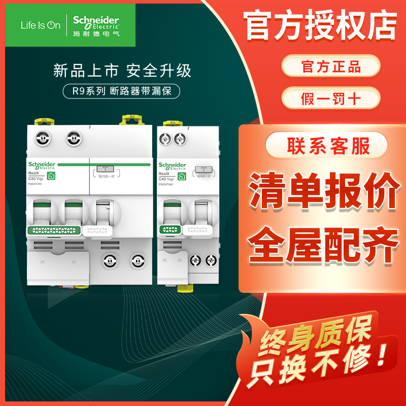 施耐德电气 带漏电保护断路器空气开关 家用漏电开关 漏保 R9系列
