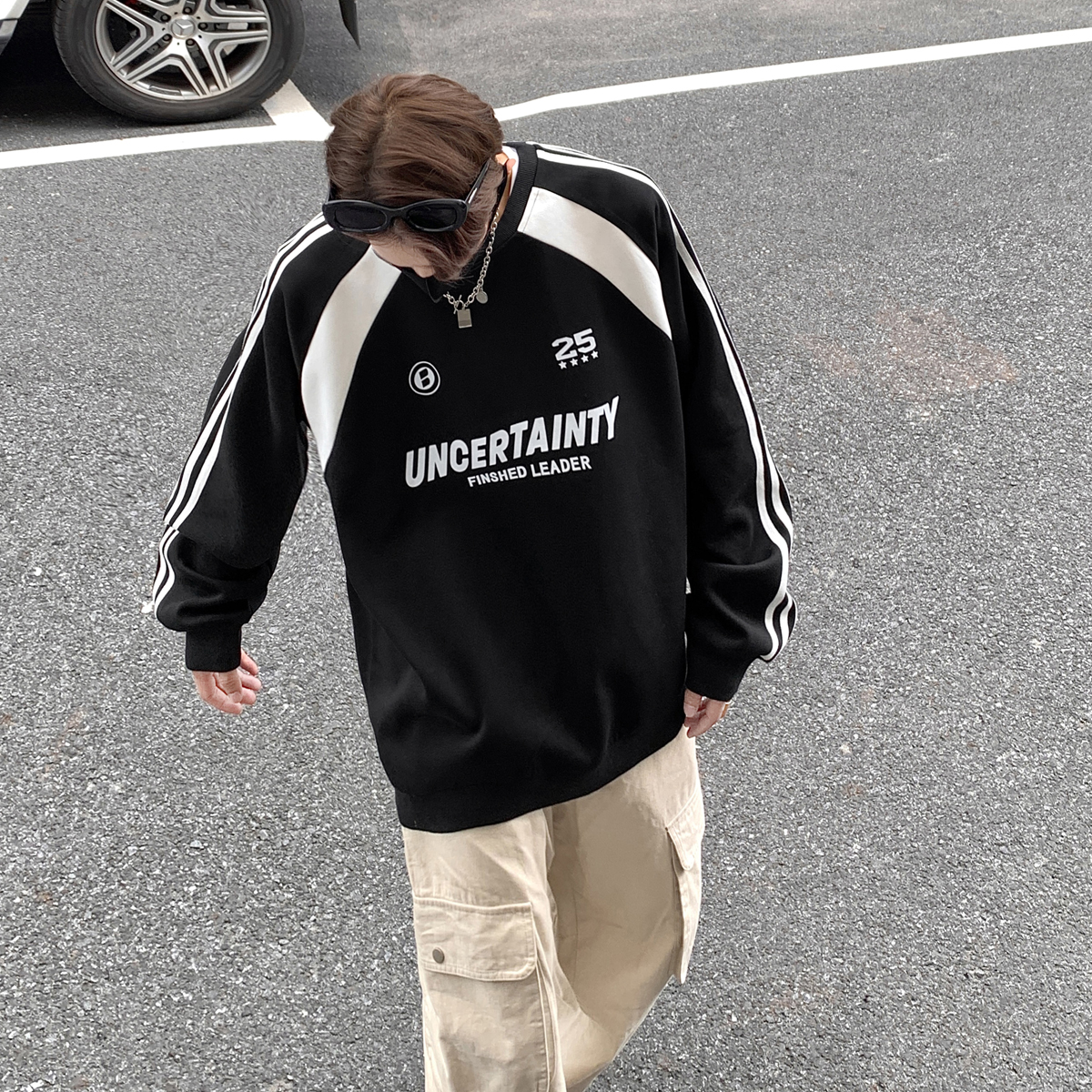 美式高街拼接织带圆领卫衣男士春秋潮牌oversize上衣重磅大码外套