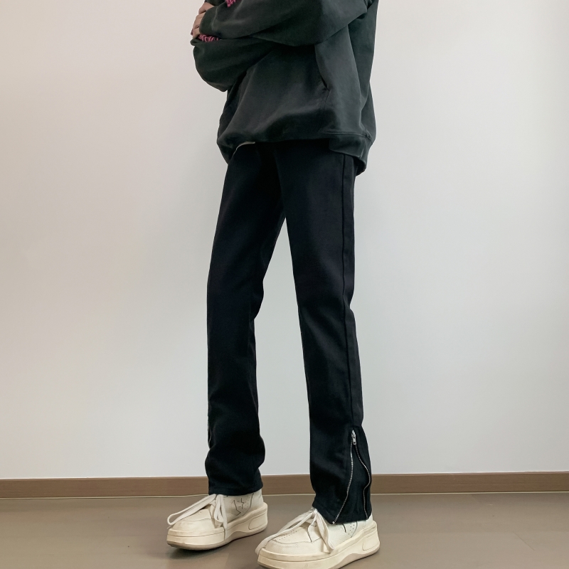 纯黑色拉链水洗牛仔裤男款秋冬美式vibe高街潮牌修身直筒新塘裤子