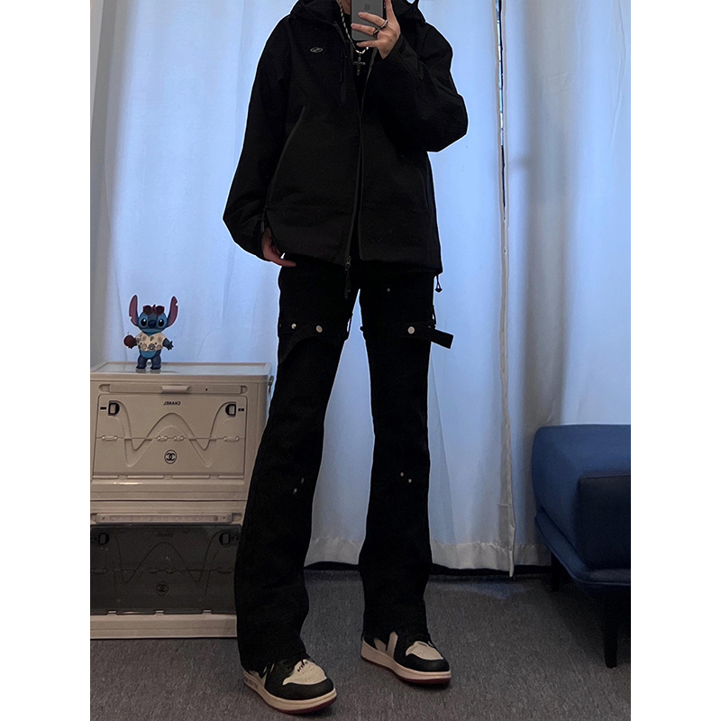 暗黑交叉绑带水洗做旧牛仔裤男春秋美式高街潮牌vibe直筒大码裤子