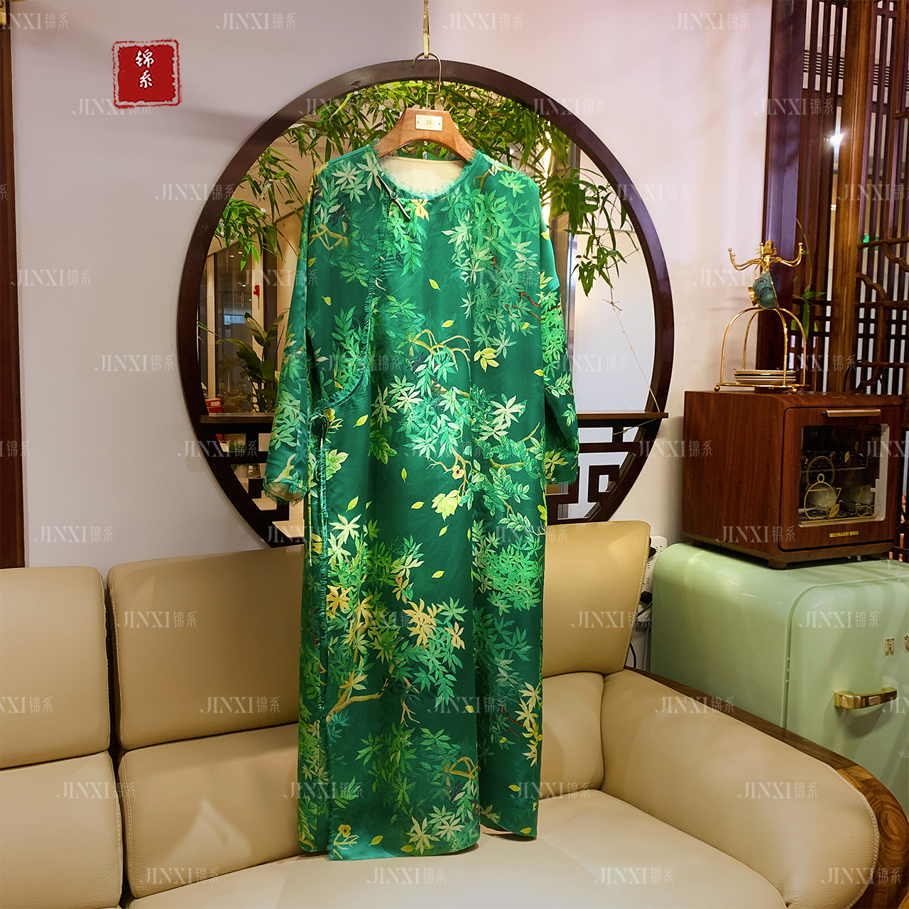 【锦·系】L-31259真丝提花新中式国风桑蚕丝圆领斜襟休闲连衣裙