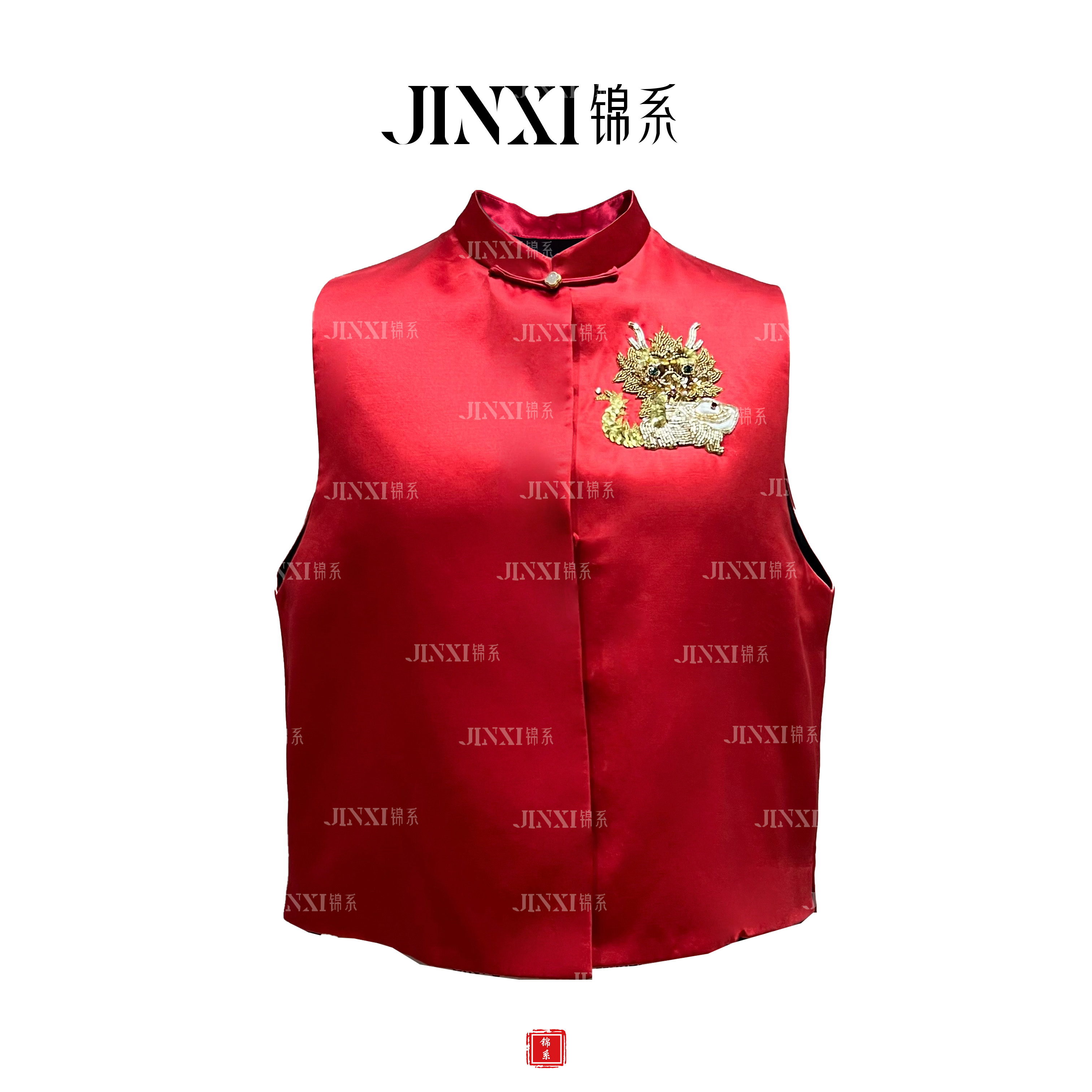 【锦系~新款】E-33018丝毛缎新中式国风桑蚕丝立领直襟绣花马甲背心