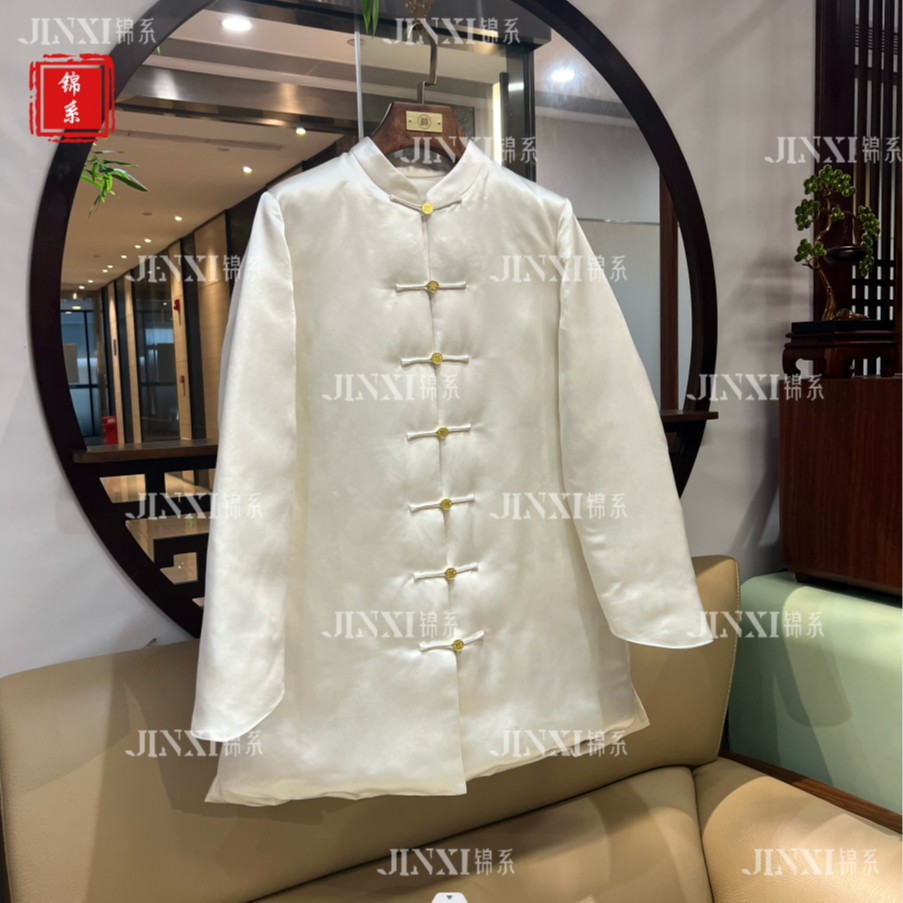 【锦系】E-31916丝毛缎新中式国风纯白桑蚕丝立领直襟鹅绒服