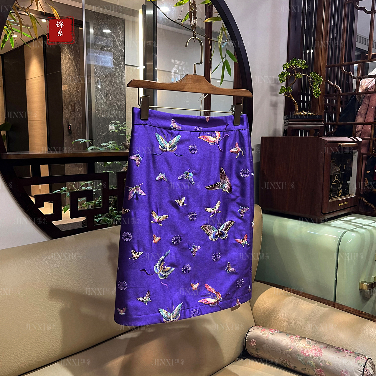 【锦系】Q-31822真丝丝毛新中式国风桑蚕丝绣花加棉半身裙