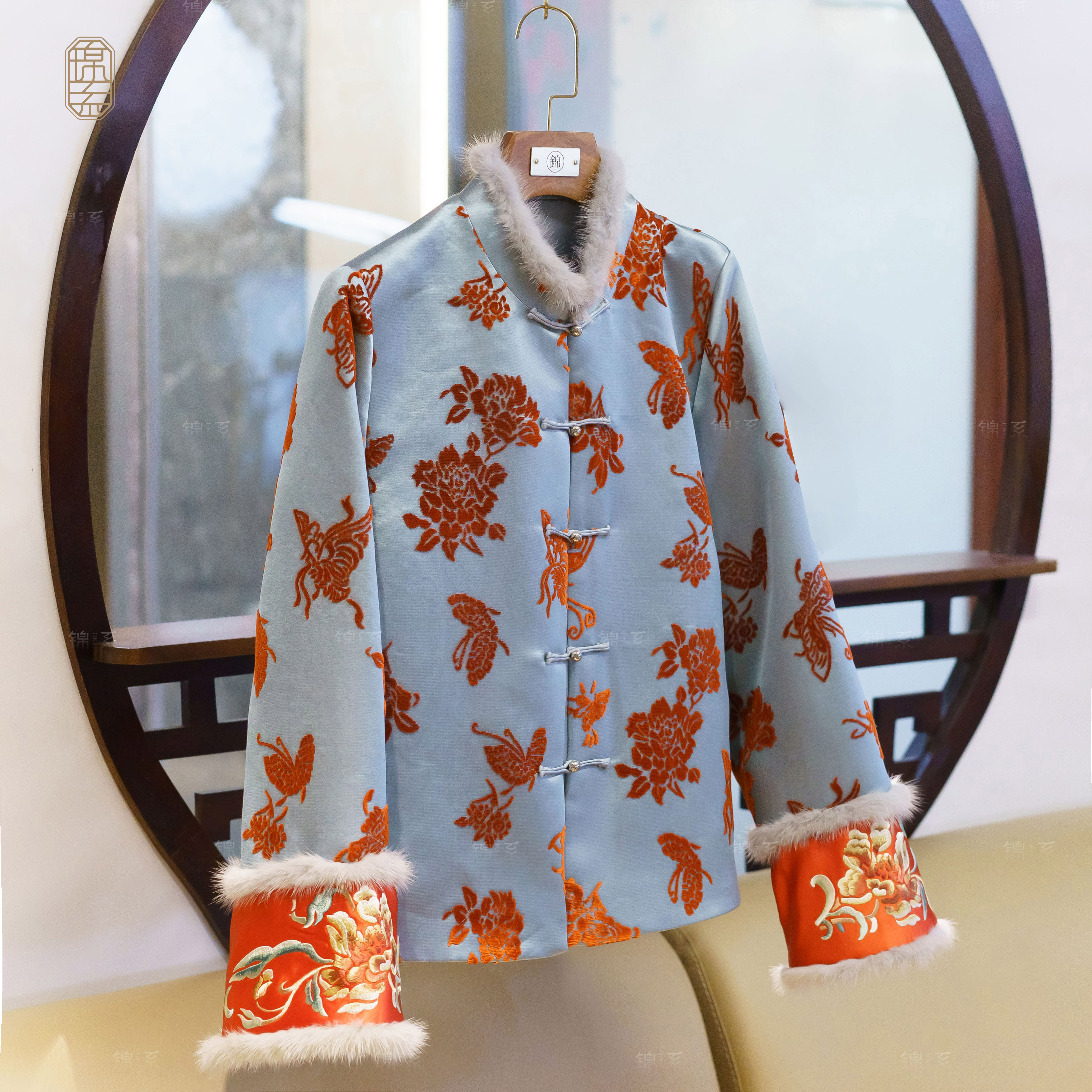 【锦系】漳绒新中式国风桑蚕丝袖口撞色立领直襟加棉外套E-382287