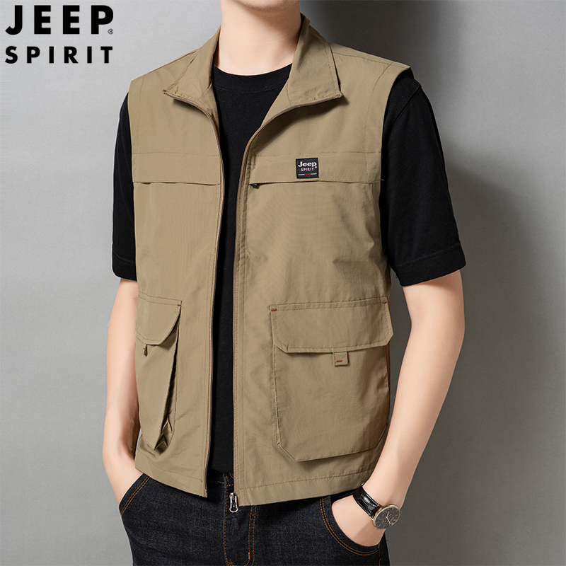 JEEPSPIRIT男装马甲背心2024秋季款户外运动多口袋马夹钓鱼坎肩男