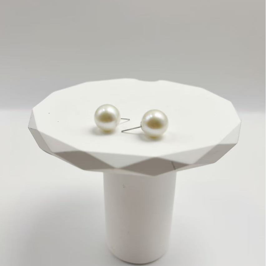 【天圻珠宝】13-14mm天然淡水珍珠正圆素耳钉S925银