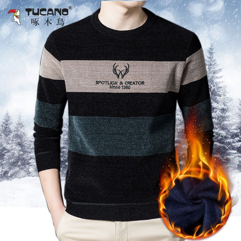 啄木鸟秋季保暖毛衣男加绒保暖套头宽松领针织打底衫