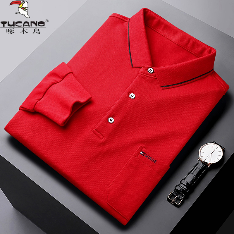 啄木鸟春秋季长袖t恤本命年有口袋年宽松爸爸装体恤衫