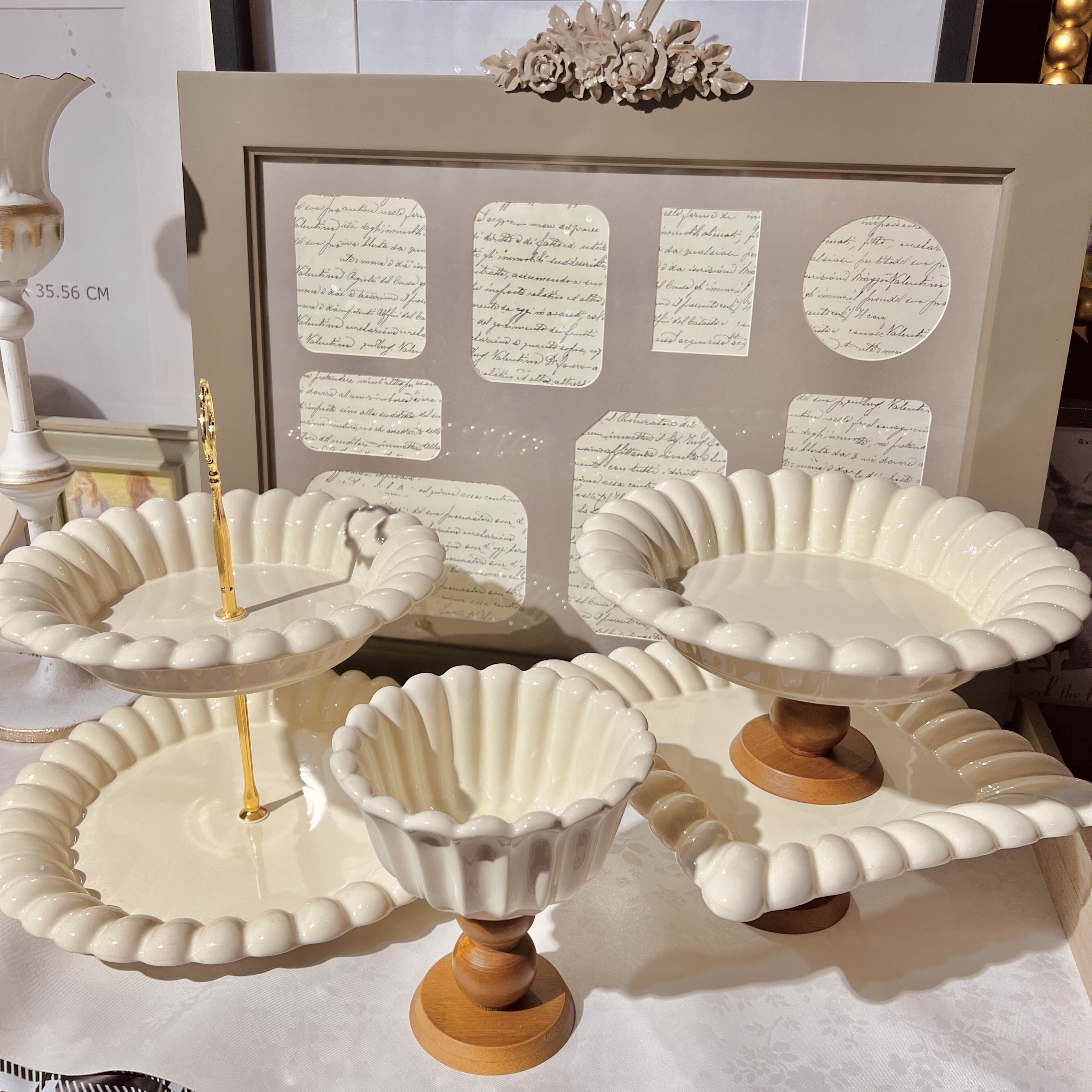 《新疆包邮》单拍奶油色甜品台装饰 陶瓷加木脚部分款微瑕 介意慎拍