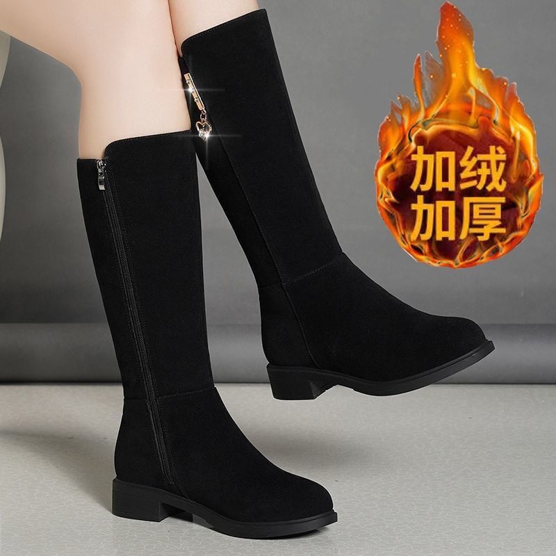 红蜻蜓牌2023新款秋冬磨砂平绒中筒靴女百搭时尚粗跟靴子女保暖加
