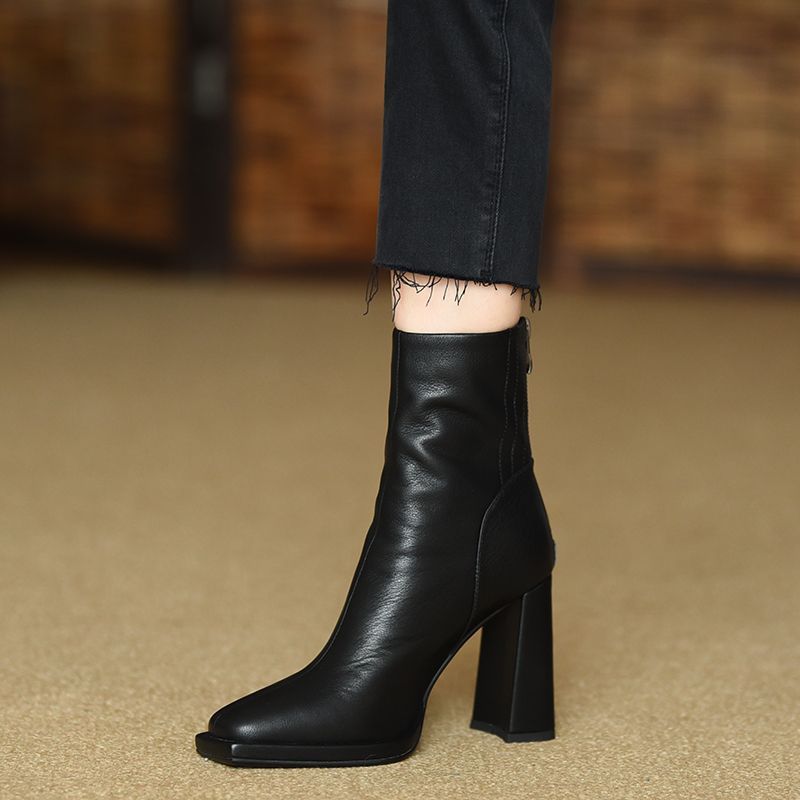 红蜻蜓牌二层皮方头高跟短靴女粗跟百搭中筒2023秋冬季新款高跟鞋