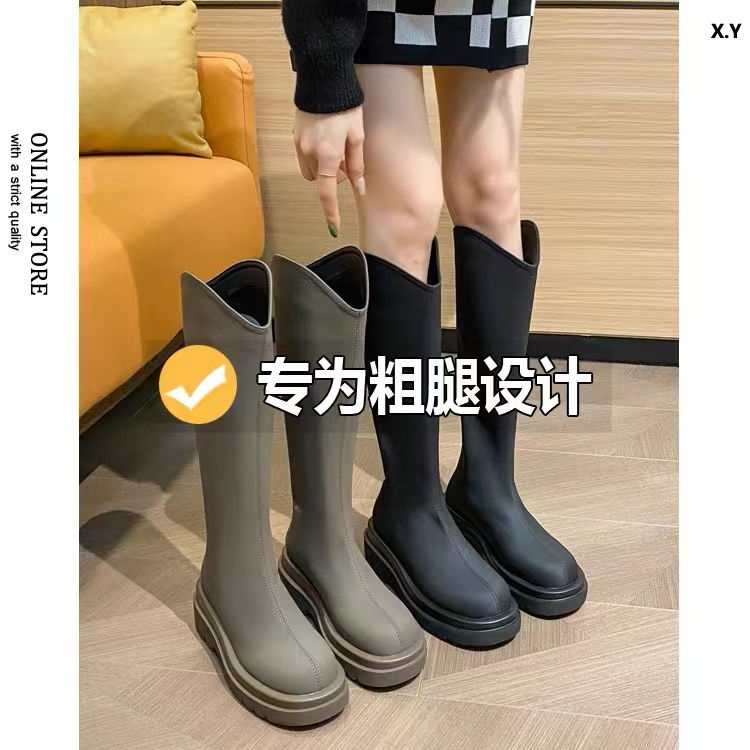 红蜻蜓牌二层皮骑士靴女2023新款英伦风加宽长筒靴粗腿胖mm不过膝