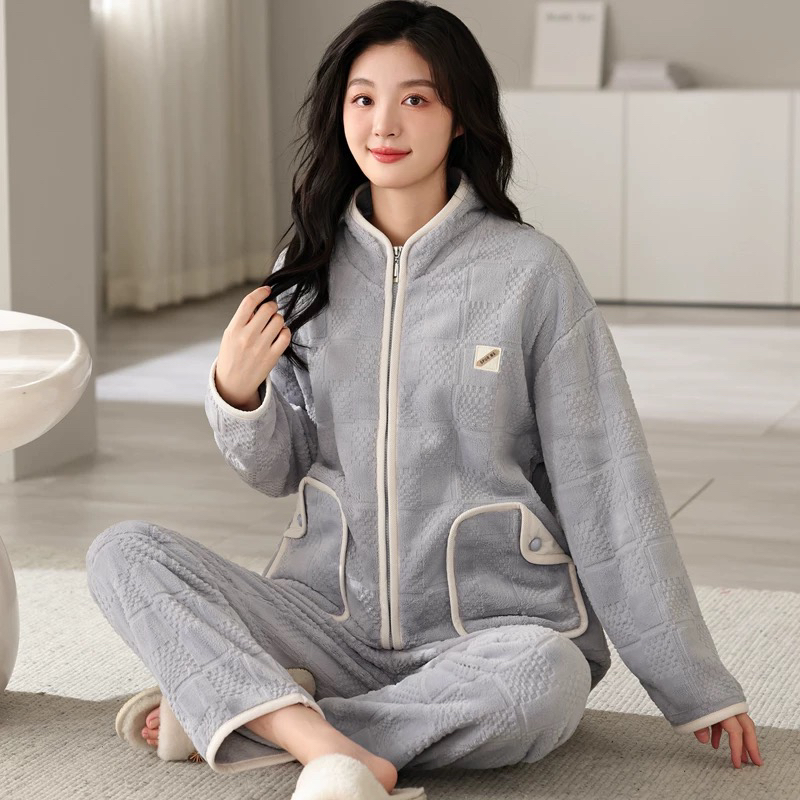 【欧尼雪】雾霾蓝拉链款法兰绒84012冬季加厚可外穿睡衣家居服套装