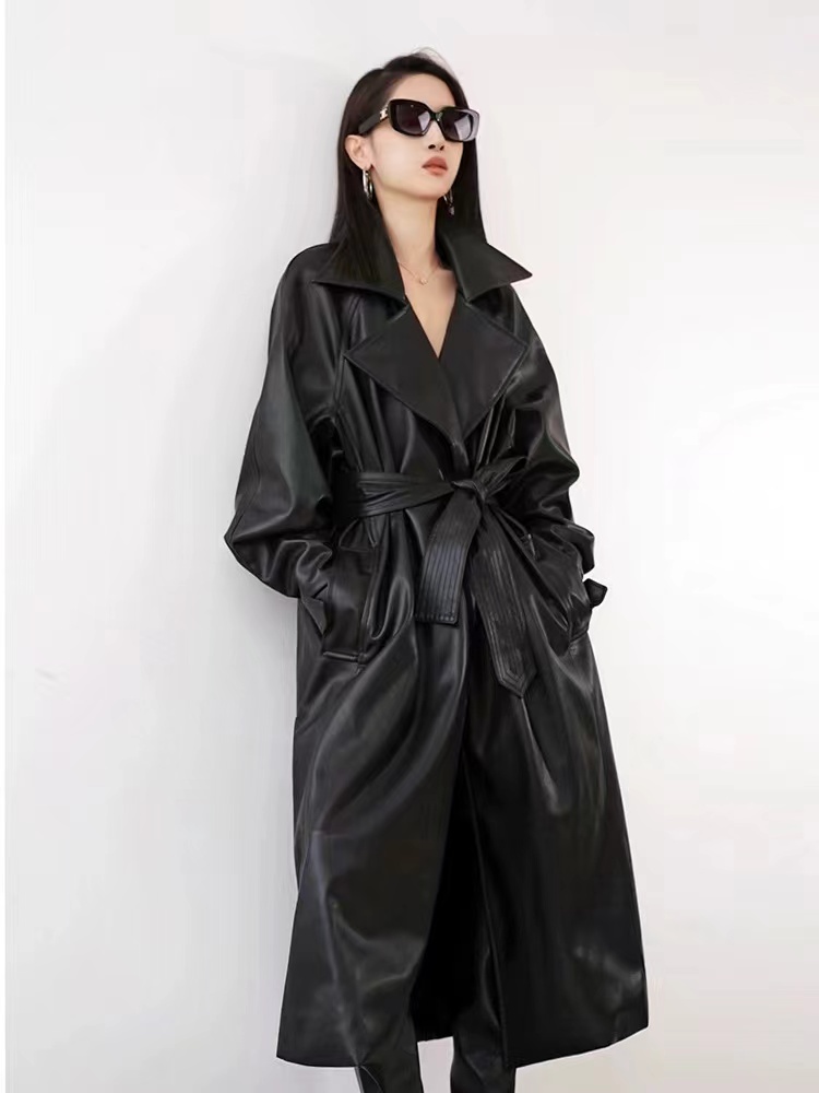 长款中长款春季常规厚款系带皮衣黑色真皮显瘦秋冬宽松收腰女士
