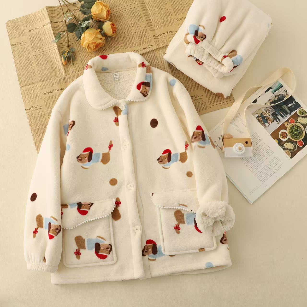 双层加厚加绒羊羔绒内里睡衣女套装秋冬季可爱珊瑚绒牛奶绒家居服