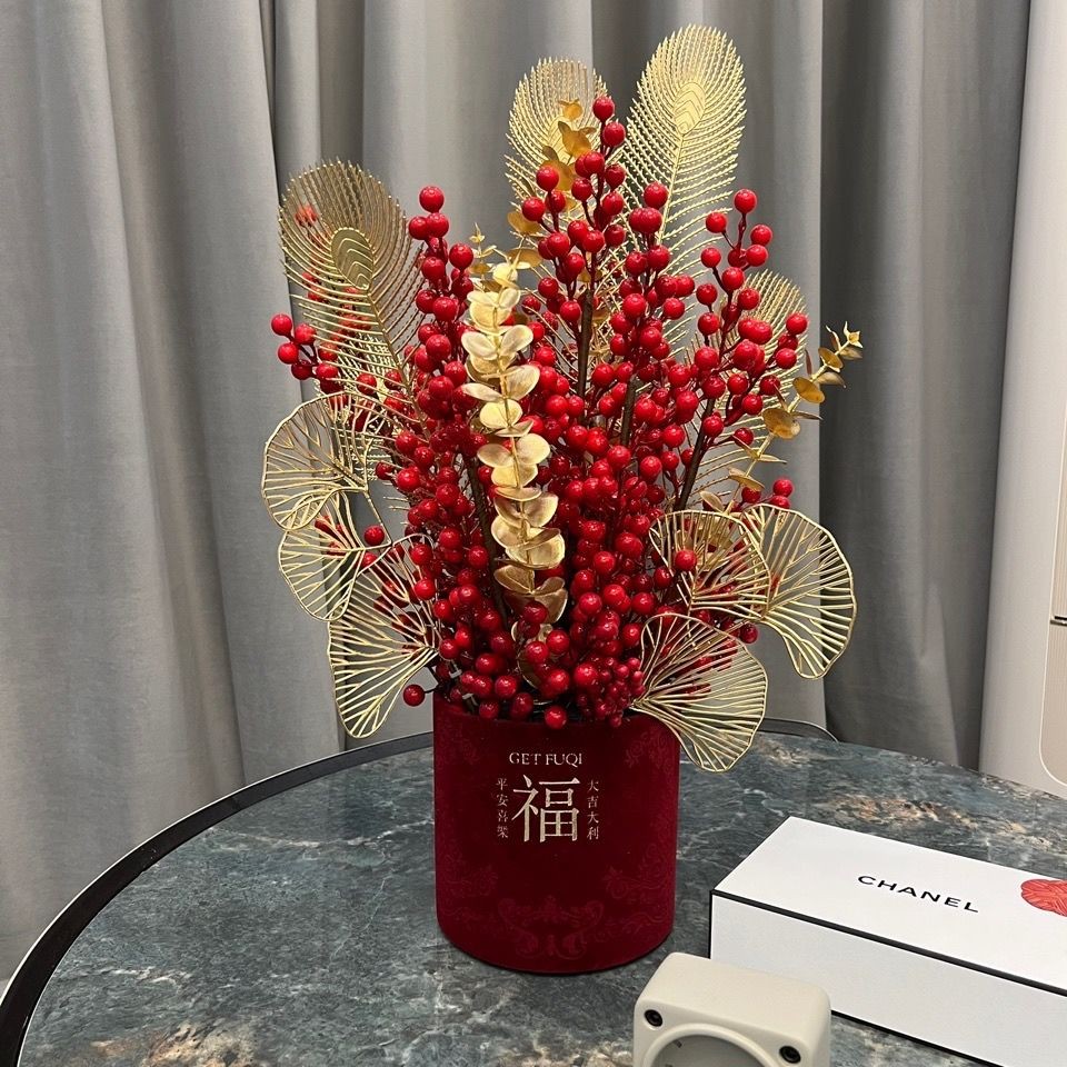 仿真花福桶北美冬青幸运发财果红浆果客厅装饰摆设乔迁新居新婚礼
