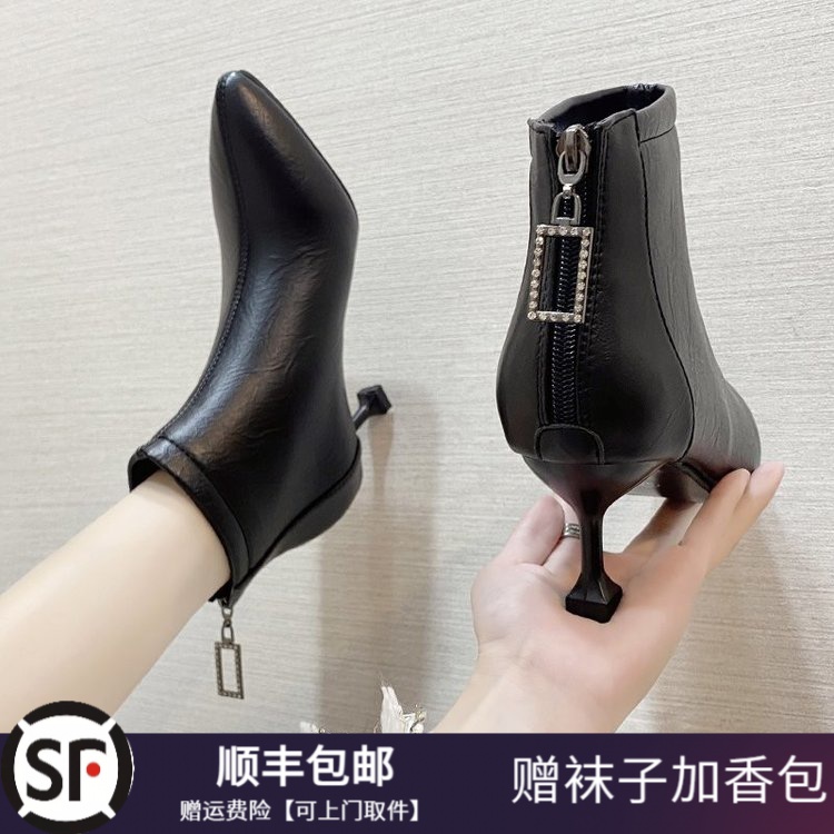冬季新款时尚细跟尖头短靴女洋气潮流小众气质百搭舒适高跟瘦瘦靴