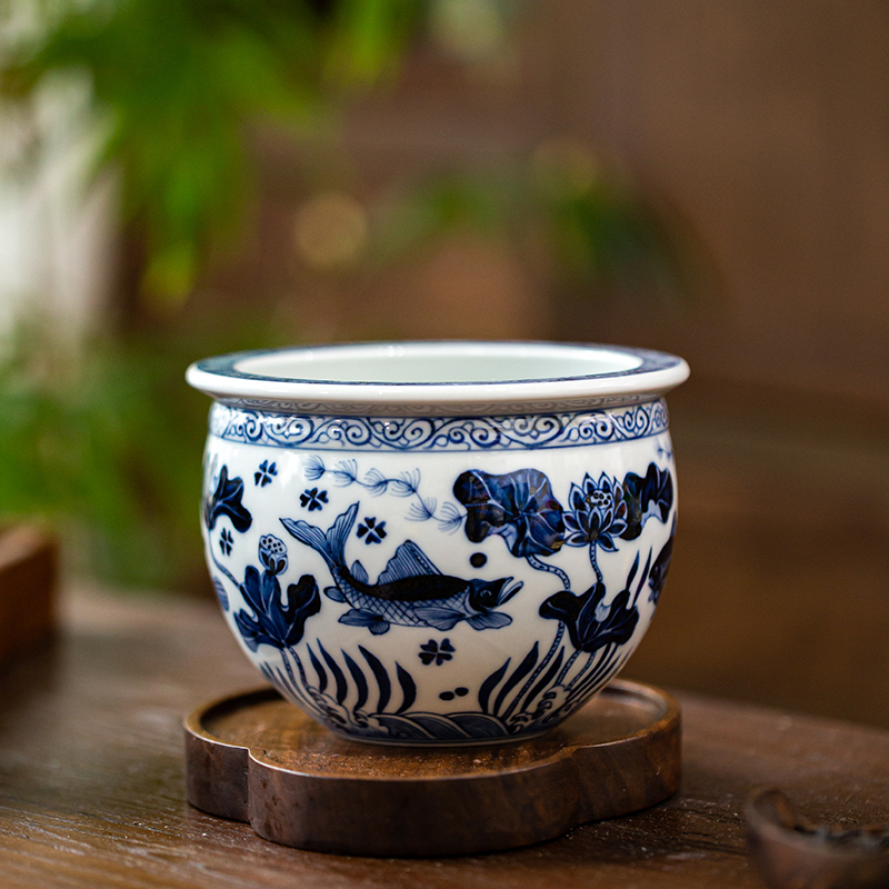 青花鱼藻纹建水茶道配件茶具景德镇高端陶瓷手工手绘800ml