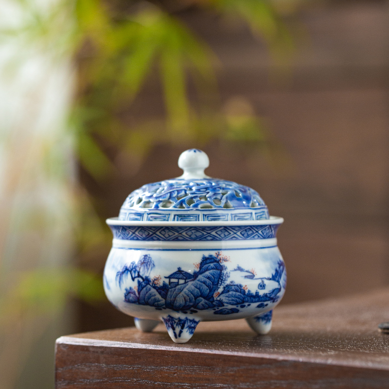 青花釉里红山水香炉茶道配件景德镇高端陶瓷茶具手工手绘