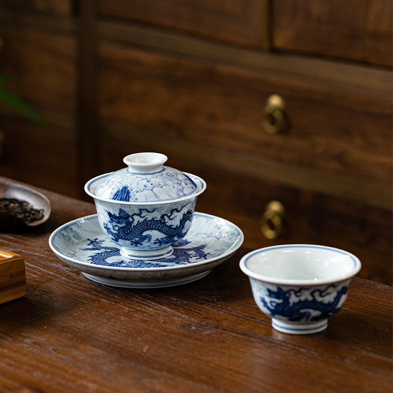 青花海水龙纹盖碗套组全套茶具景德镇高端陶瓷手工手绘150ml