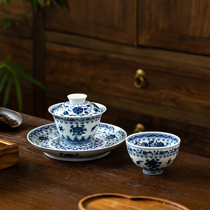  青花杂宝纹盖碗套组全套茶具景德镇高端陶瓷手工手绘120ml