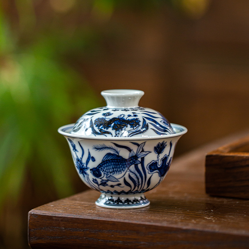 青花鱼藻纹二才盖碗泡茶碗茶茶具景德镇高端陶瓷手工手绘120ml
