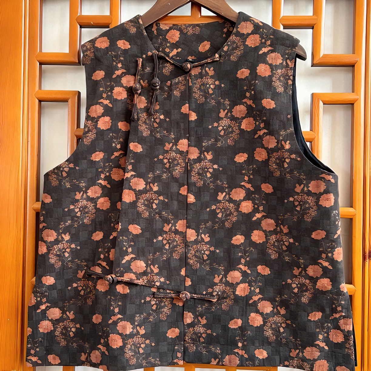 复古中国风小碎花香云麻斜襟双层百搭马甲