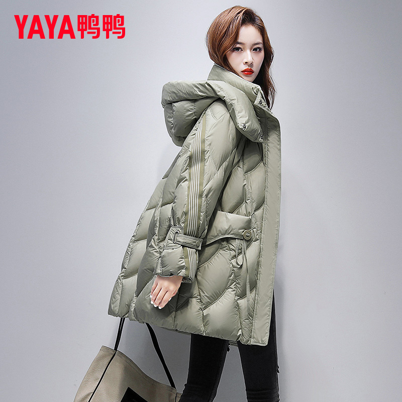 YAYA/鸭鸭大牌时尚中长款羽绒服女连帽2025冬季新款宽松加厚外套