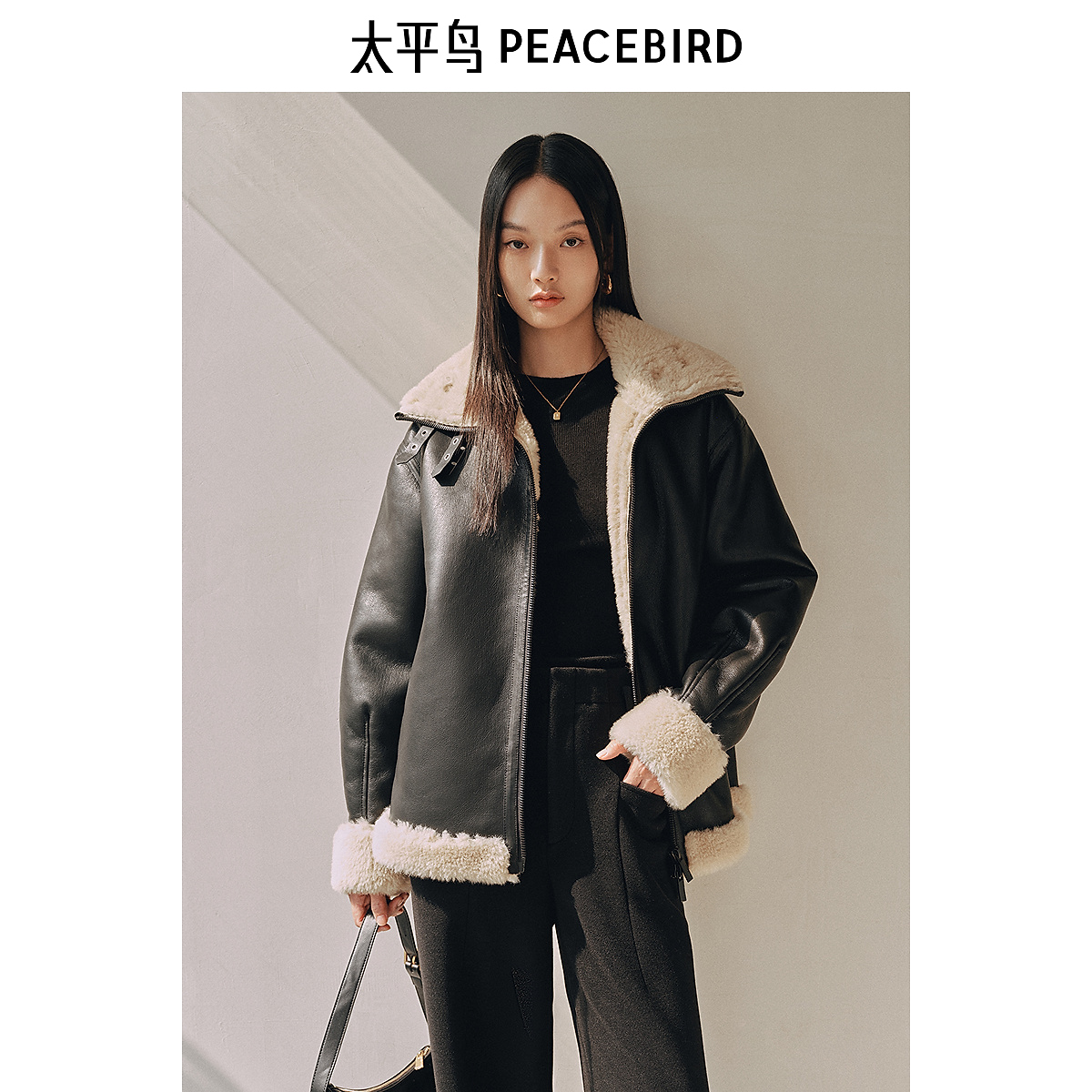 【粉丝专属】太平鸟仿麂皮绒两穿机车服PU皮衣外套ABBBE431D