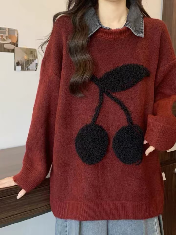 秋冬新款时尚潮流宽松版女装毛衣牛仔两穿套头内搭毛衣