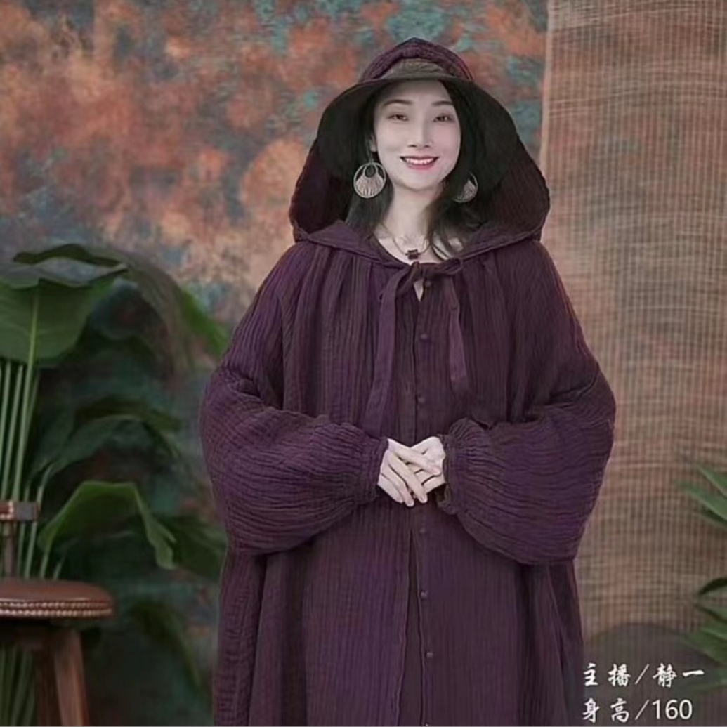 静一棉麻 【晚枫】 系带连帽中长款开衫