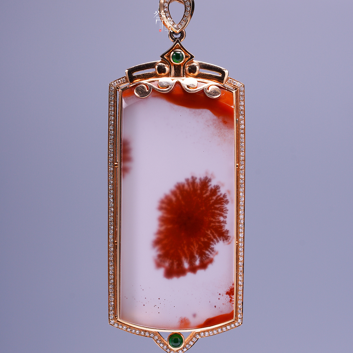 誉豪南红天然冰飘大草花18金镶嵌钻石吊坠