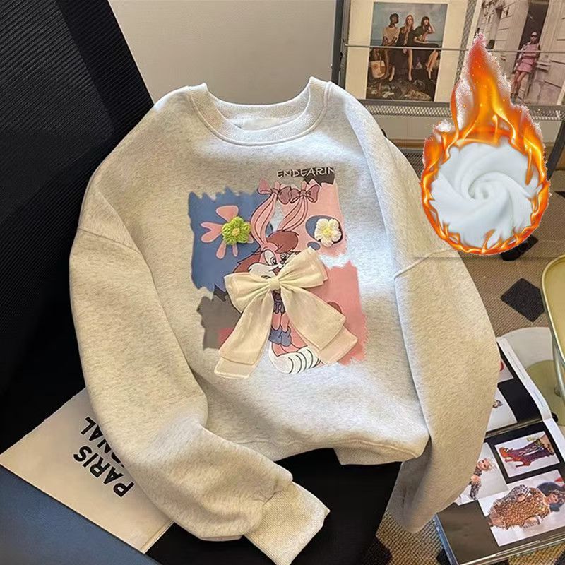 女童秋冬新款蝴蝶结圆领卫衣中大童女孩加绒加厚洋气可爱百搭上衣