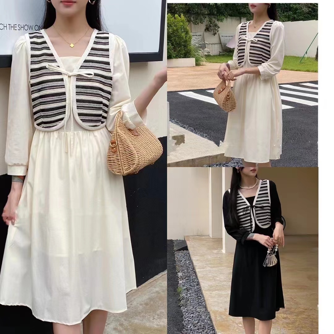 春款假两件马甲拼接收腰连衣裙女遮肚子显瘦中长款裙子