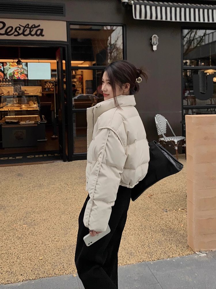 羽绒衣服2024新款时尚短款炸街高腰加厚立领下摆抽绳潮牌羽绒棉服