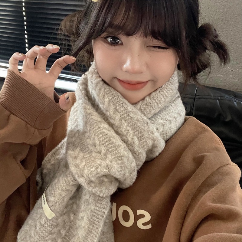 羊毛混纺复古麻花围巾冬季加厚保暖针织毛线围脖学生情侣百搭围巾