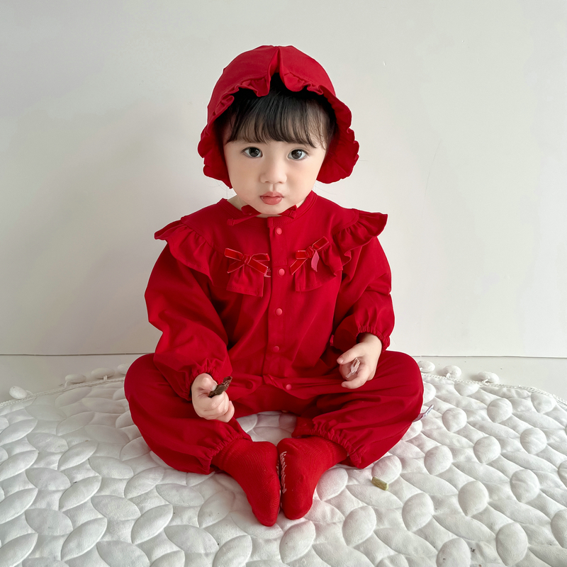 新生婴儿衣服秋装满月百天女宝宝连体衣红色周岁礼服春秋外出哈衣