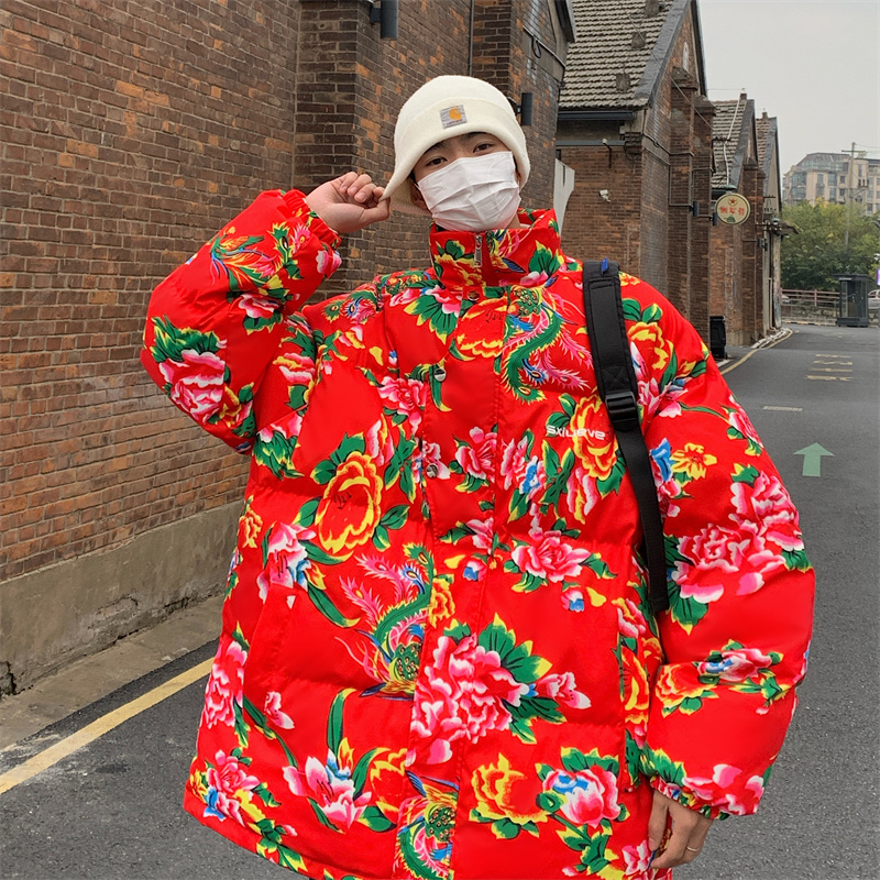 网红东北大花袄短款情侣冬季棉服男士立领加厚印花棉袄保暖棉衣
