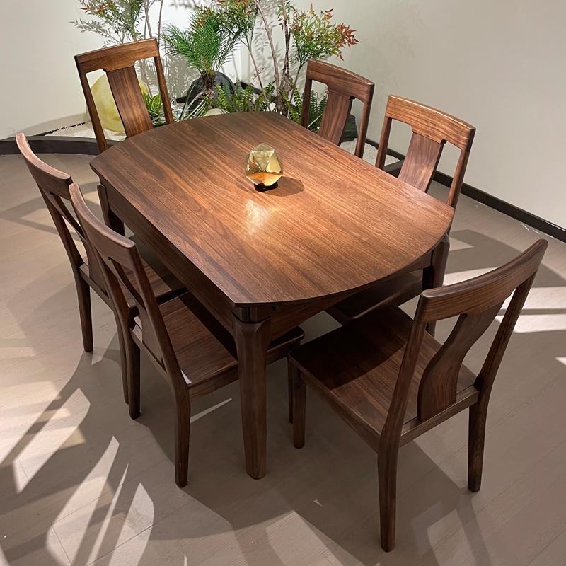 黑胡桃木实木餐桌中式极简小户型1.35米可伸缩方圆两用吃饭桌