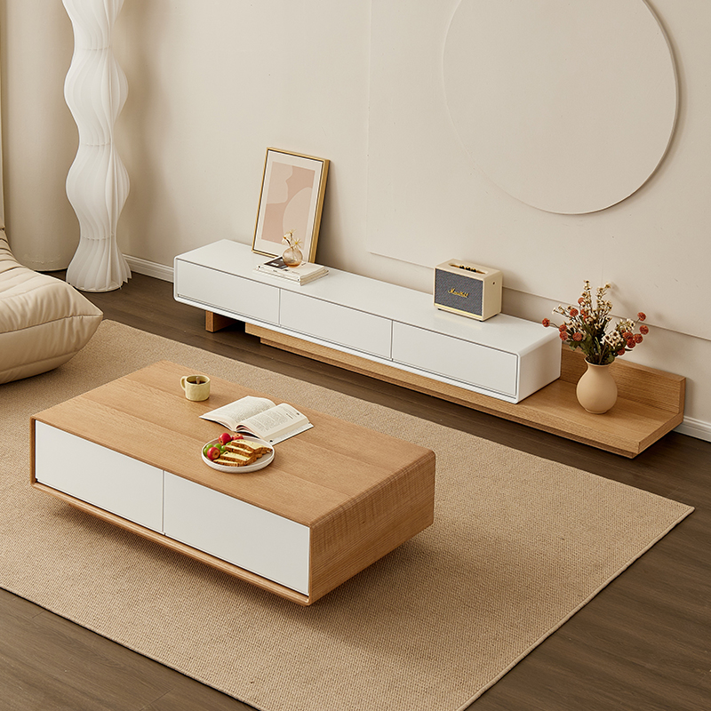 原木白色电视柜现代简约客厅小户型定制家具北欧伸缩电视机柜地柜