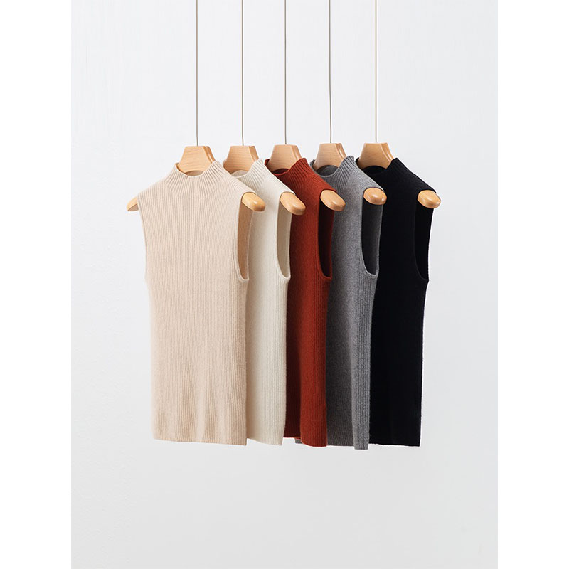 【100%羊绒】一线成衣半高领坑条针织背心女