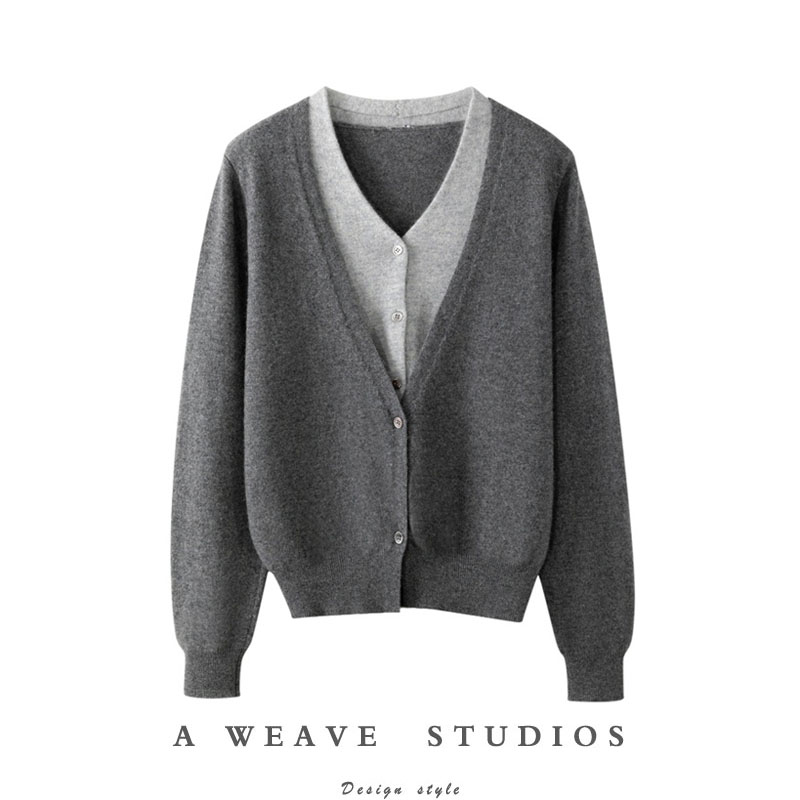 【100%羊绒】V领假两件拼色针织开衫女