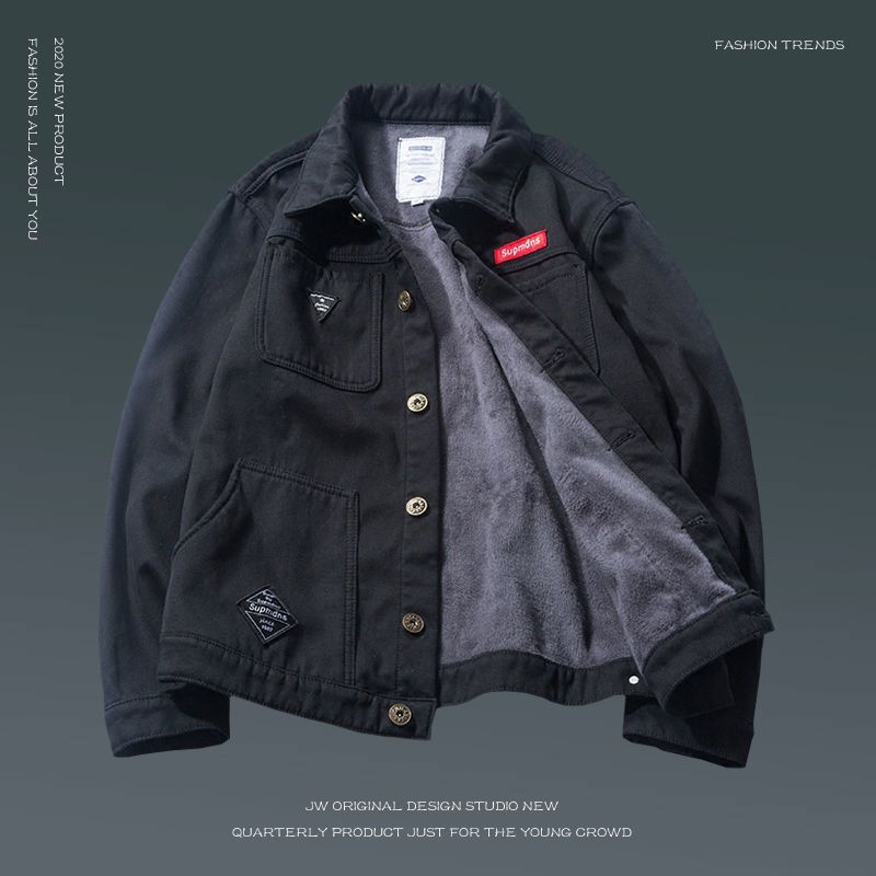 FL秋冬加加厚牛仔外套衣服男士加肥大码胖子韩版帅气夹克上衣