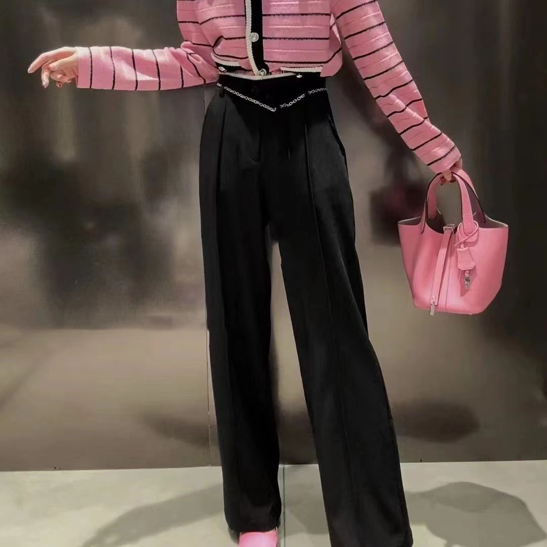 8803-B-5-2-1腰链装饰垂感冰丝阔腿裤女夏高腰宽松显瘦直筒拖地裤